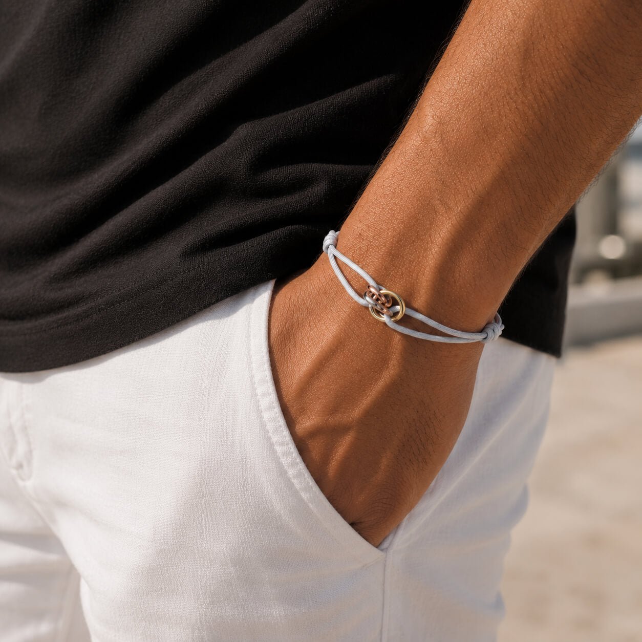 Trilogy Three-Ring adjustable cord bracelet, modelled on the wrist — mens accessory UAE
