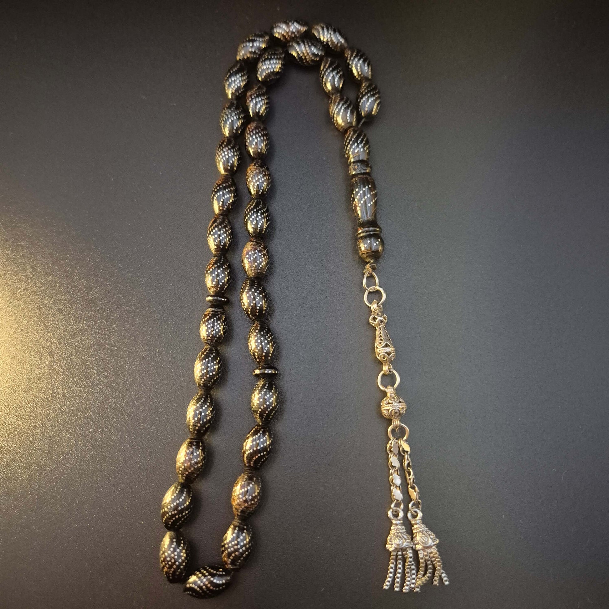 Riverflow Yeser wood sebha 33 beads with flowing silver inlay — yeser wood mesbah Dubai