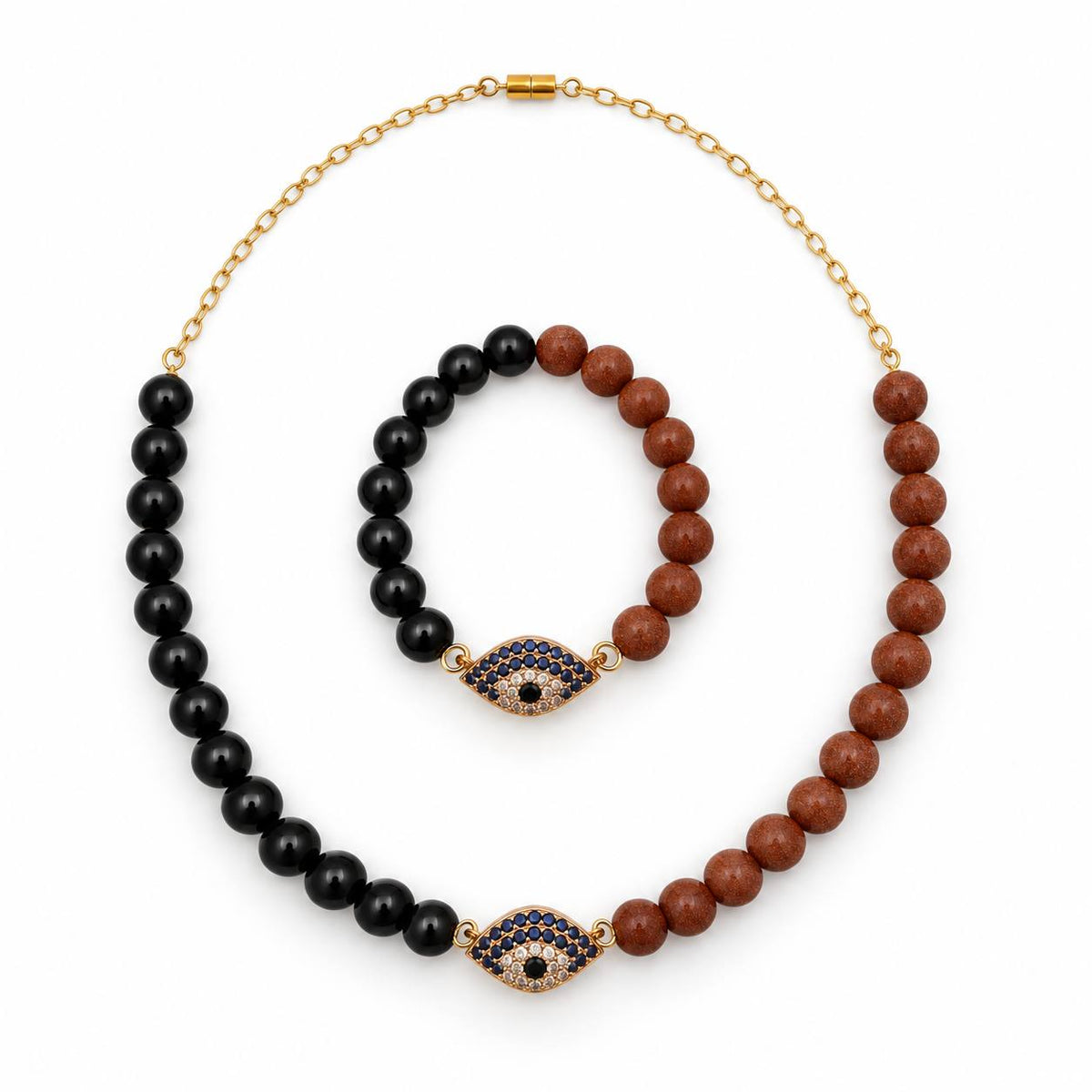 Brown and Dark Goldstone fully beaded design necklace and bracelet set — AtiQ & Jade Dubai