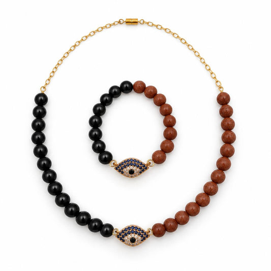Brown and Dark Goldstone fully beaded design necklace and bracelet set — AtiQ & Jade Dubai