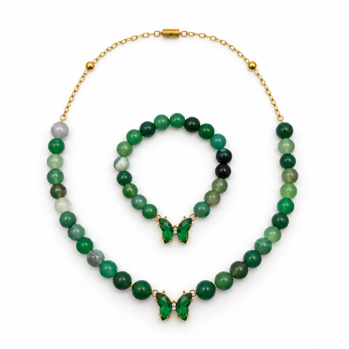 Green agate jewellery set with gold plated chain gift for ladies