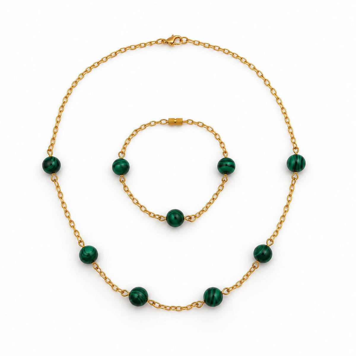 Malachite beaded gemstone gold-plated silver chain necklace and bracelet set AtiQ & Jade Dubai