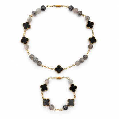 agate gemstone jewellery necklace and bracelet set - silver gold toned chain. 