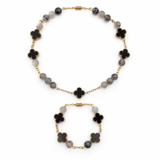 agate gemstone jewellery necklace and bracelet set - silver gold toned chain. 