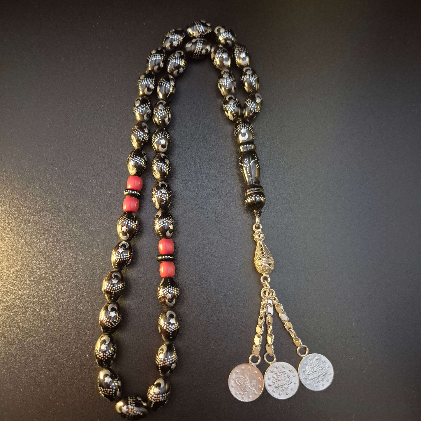 Genuine Yeser wood Crescent & Moon mesbah 33 beads with silver crescent and moon inlay — yeser wood mesbah Dubai