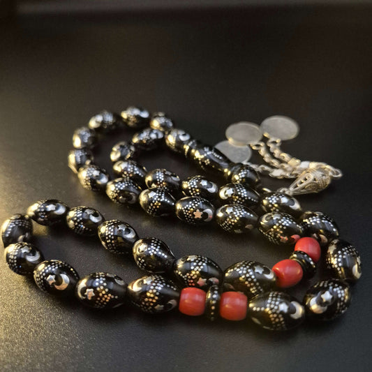 Genuine Yusr Crescent & Moon sebha, close detail of silver crescent and moon inlay — buy yusur wood beads UAE