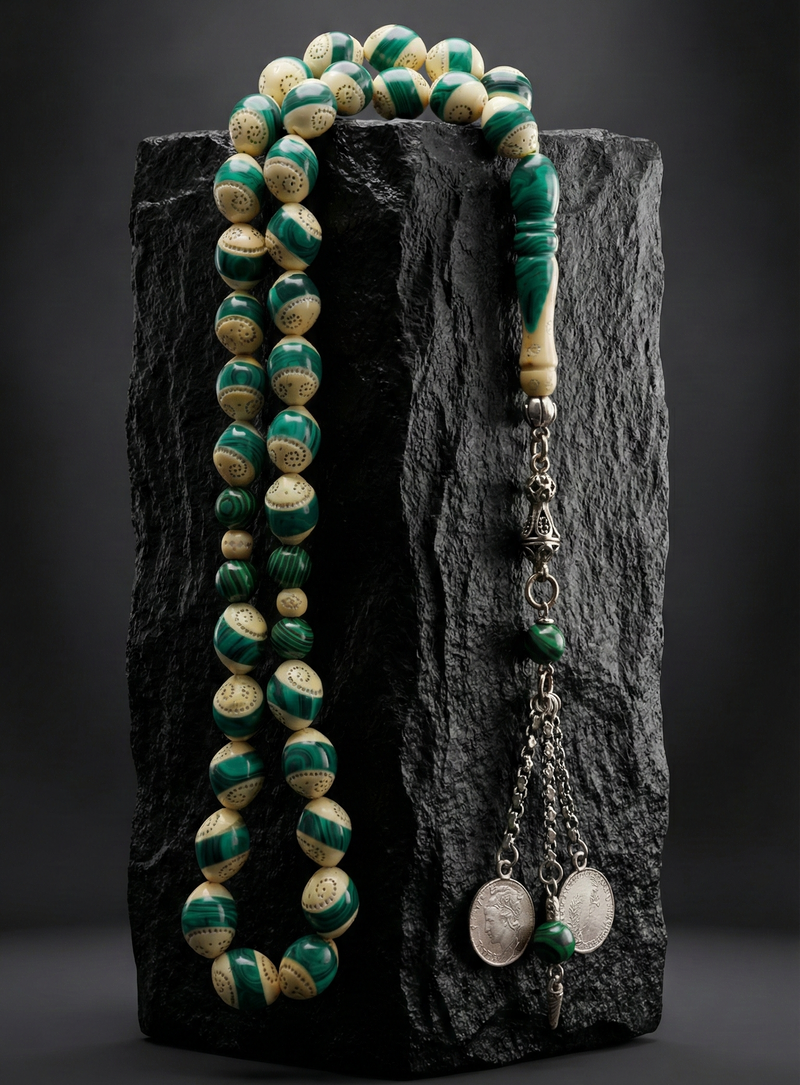 Beads Mesbah embed with malachite and silver and a silver chain