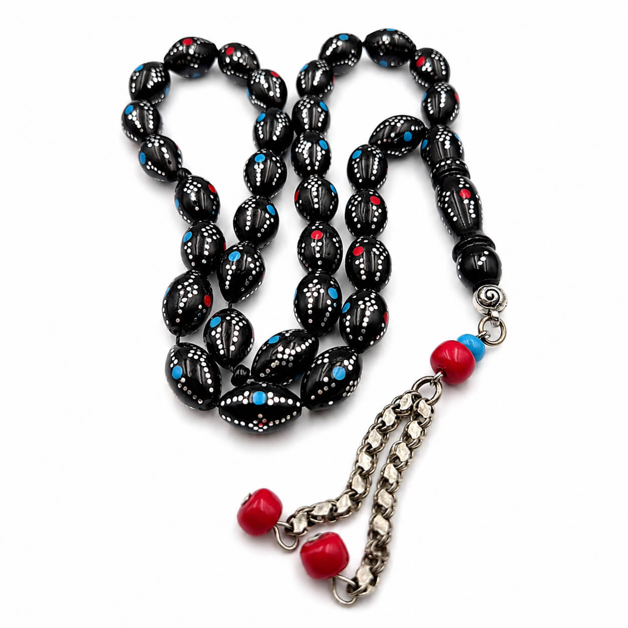 Dual-Eyed Kuka mesbah, close view of the tassel and chain — kuka beads