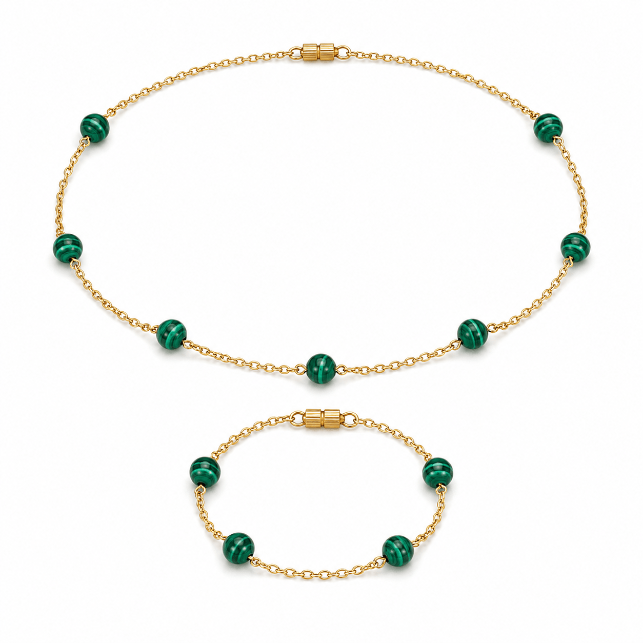 Malachite gemstone stations gold-plated silver chain necklace and bracelet set — AtiQ & Jade Dubai