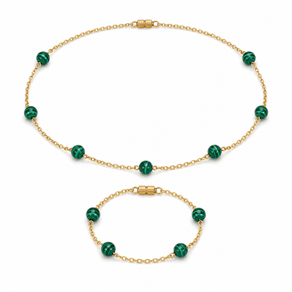 Malachite gemstone stations gold-plated silver chain necklace and bracelet set — AtiQ & Jade Dubai