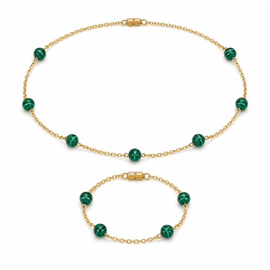Malachite gemstone stations gold-plated silver chain necklace and bracelet set — AtiQ & Jade Dubai