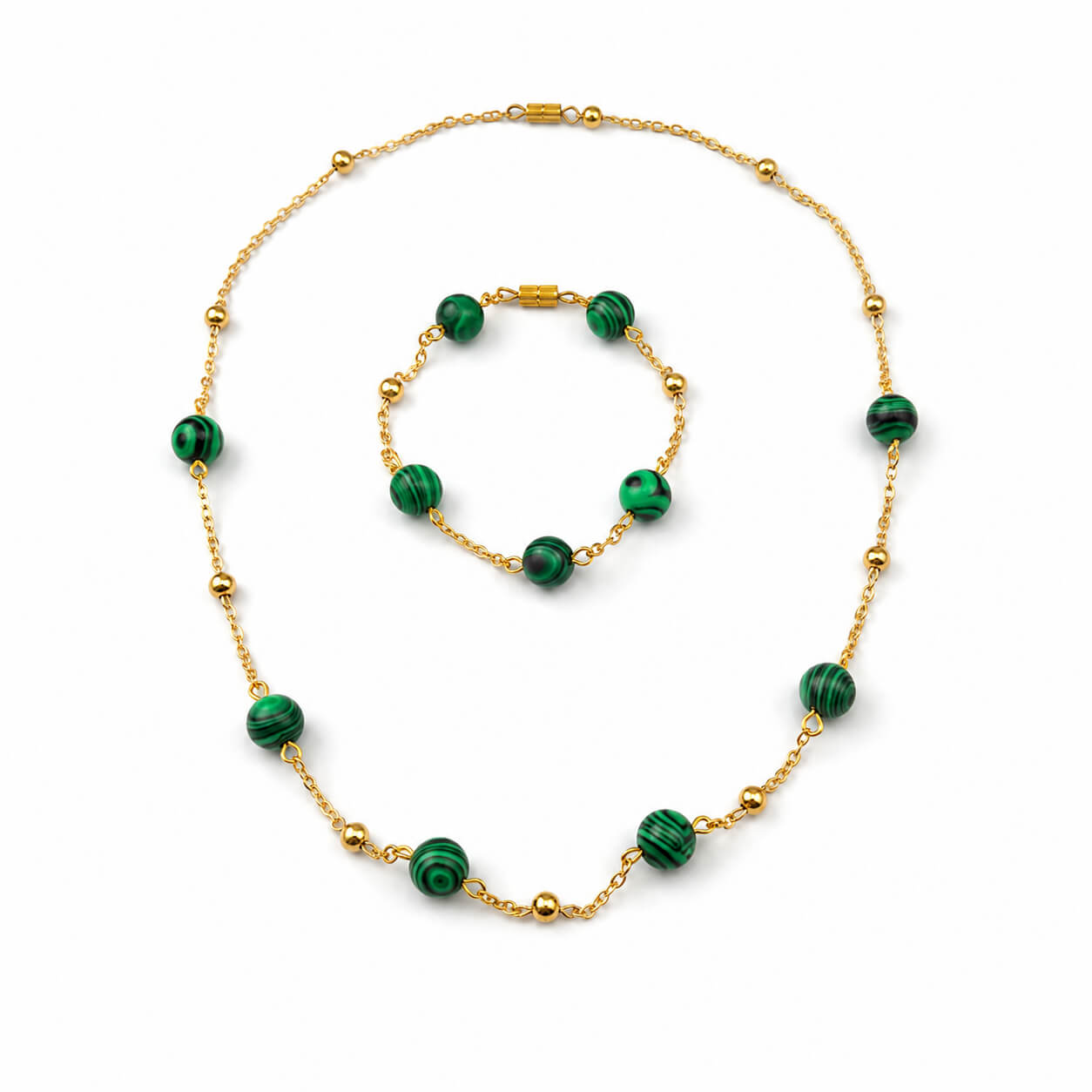 Malachite gold-plated silver chain necklace and bracelet set on a white background — malachite for protection