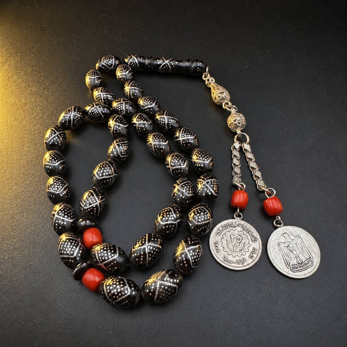 Yeser tasbih, 33 beads with crossed silver dot inlay, ancient silver coins tassle.