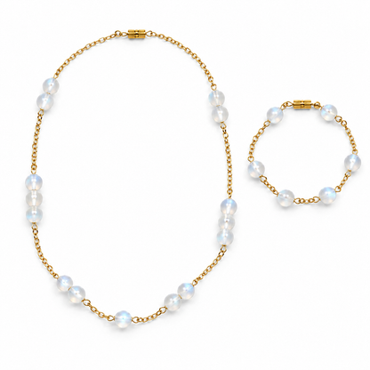 Moonstone beaded gemstone gold-plated silver chain necklace and bracelet set — AtiQ & Jade Dubai