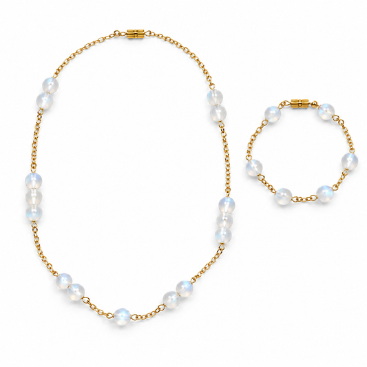 Moonstone beaded gemstone gold-plated silver chain necklace and bracelet set — AtiQ & Jade Dubai