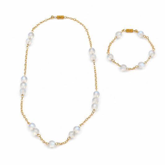 Moonstone gemstone stations gold-plated silver chain necklace and bracelet set — AtiQ & Jade Dubai