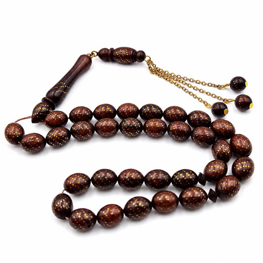 Copper Crafted Narjil masbaha, close detail of copper inlay — buy copper crafted narjil beads UAE