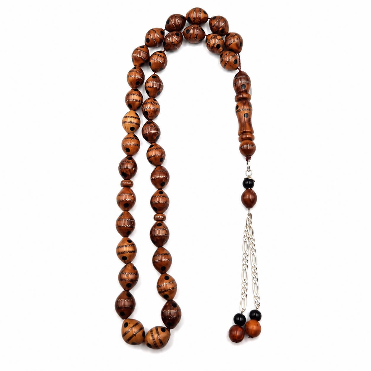 Copper and Yeser wood Crafted Narjil tasbih 33 beads with copper and Yeser inlay — yeser wood mesbah Dubai