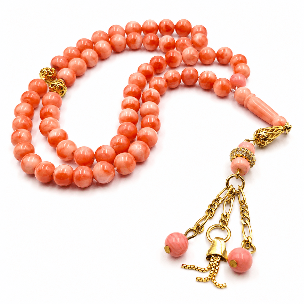Angel Cheek Natural Coral sebha, close detail of pink coral beads — buy angel cheek natural coral beads UAE