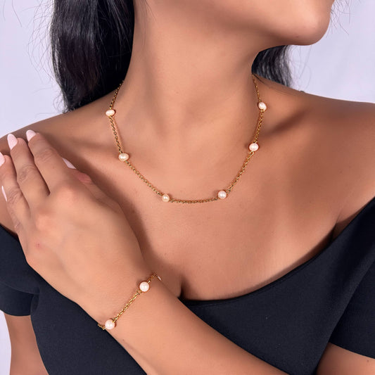 Pearl Silver Gold Plated Chain Necklace & Bracelet