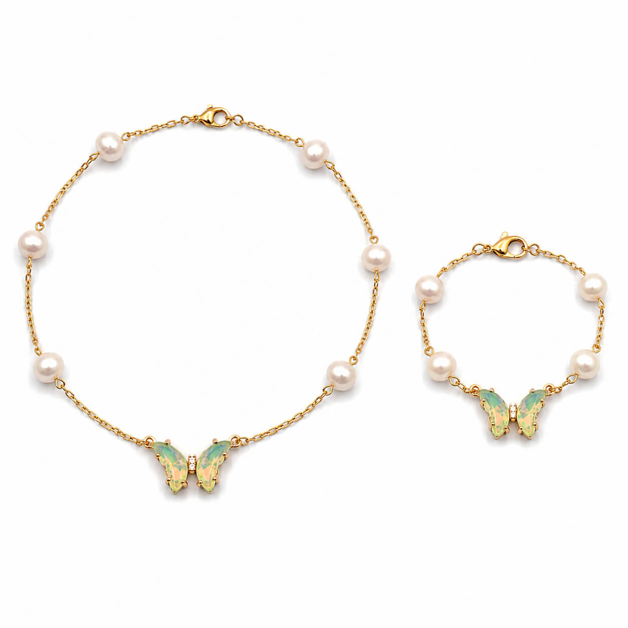 Freshwater Pearl gold-plated silver chain necklace and bracelet set on a white background — freshwater pearl for peace