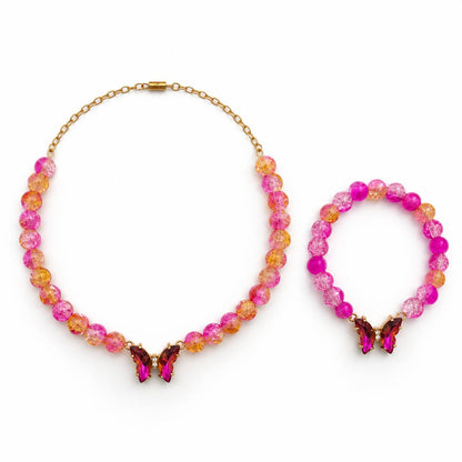 Pink Fluorite beaded design necklace and bracelet with silver gold tone chain