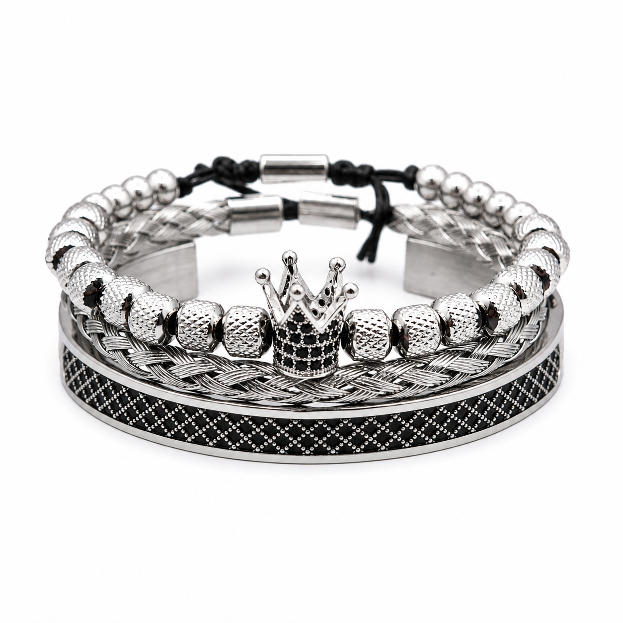 Three-piece men's crown bracelet stack. Rhodium-plated stainless steel. Ships across UAE in 1–2 days. Free delivery over 350 AED. Luxury Gifting package.