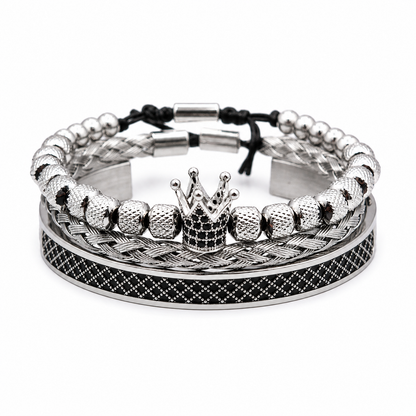 Three-piece men's crown bracelet stack. Rhodium-plated stainless steel. Ships across UAE in 1–2 days. Free delivery over 350 AED. Luxury Gifting package.