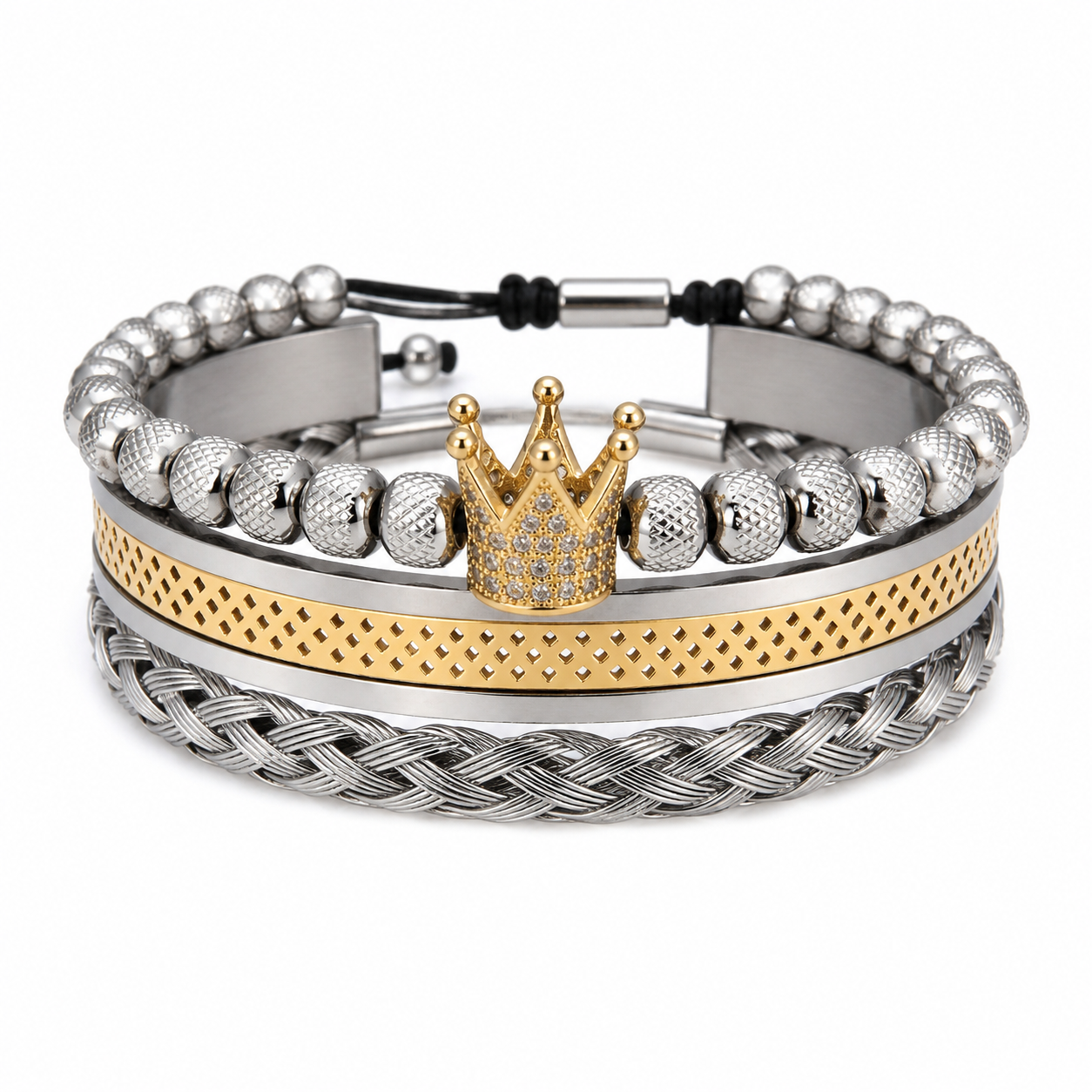 Three-piece men's crown bracelet stack. Rhodium-plated stainless steel. Ships across UAE in 1–2 days. Free delivery over 350 AED. Luxury Gifting package.