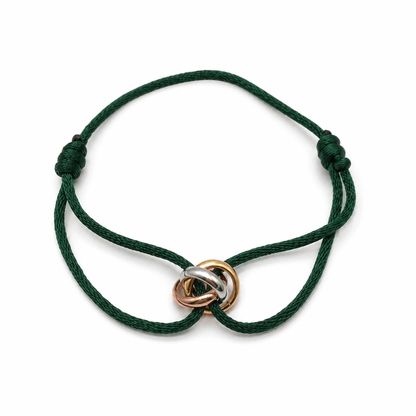 Trilogy Three-Ring adjustable cord bracelet with three interlocking rose gold and silver tone rings — AtiQ & Jade Dubai