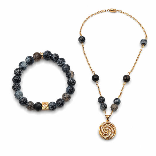 Volcanic Agate gemstone stations gold-plated silver chain necklace and bracelet set — AtiQ & Jade Dubai