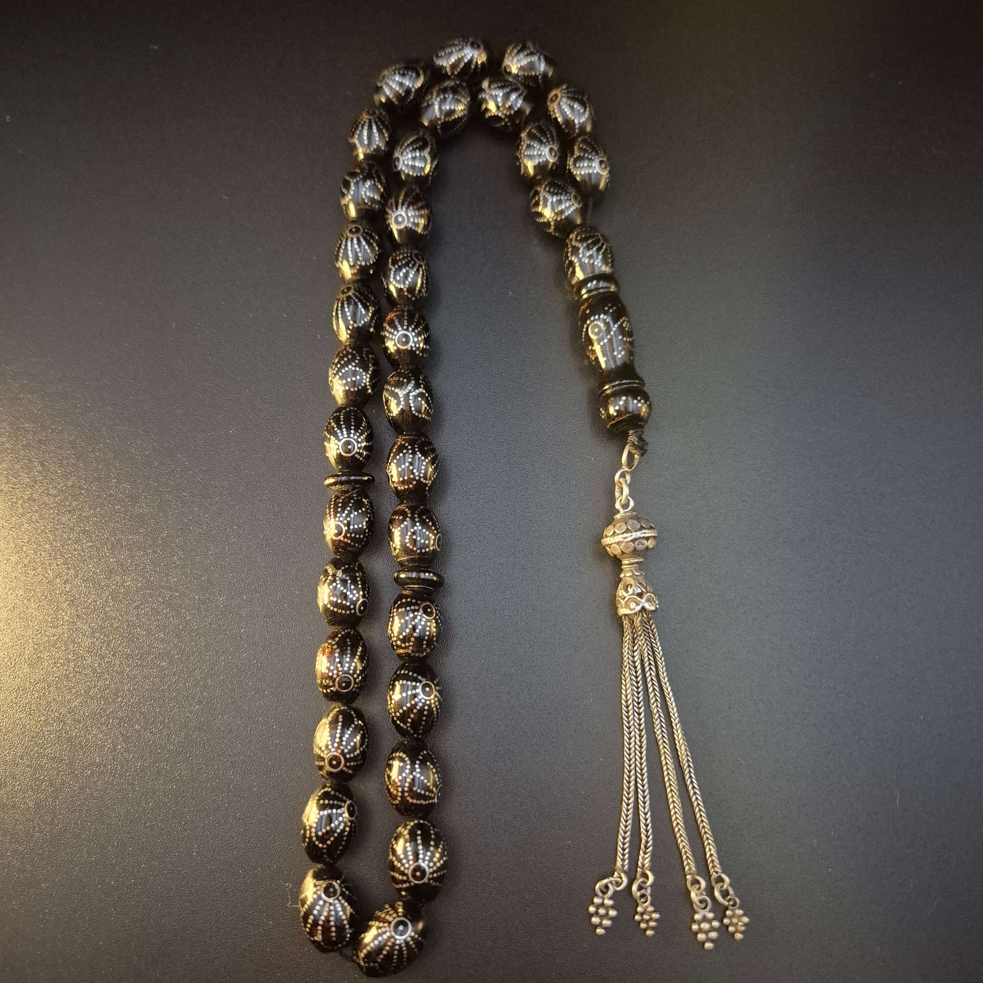 Sunray Yeser wood misbaha 33 beads with silver sunray inlay — yeser wood mesbah Dubai