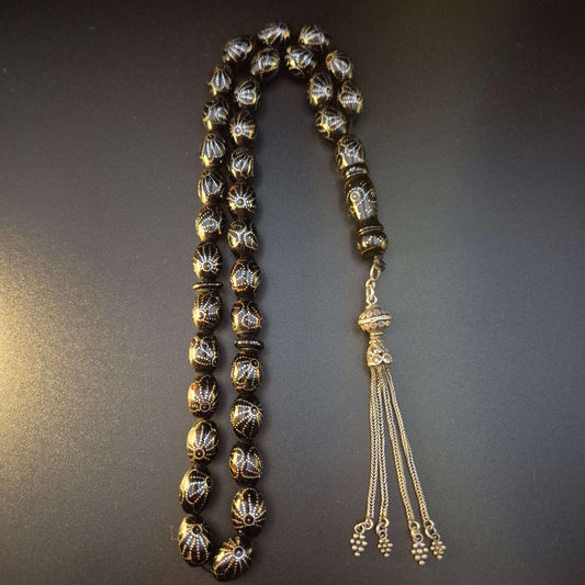 Sunray Yeser wood misbaha 33 beads with silver sunray inlay — yeser wood mesbah Dubai