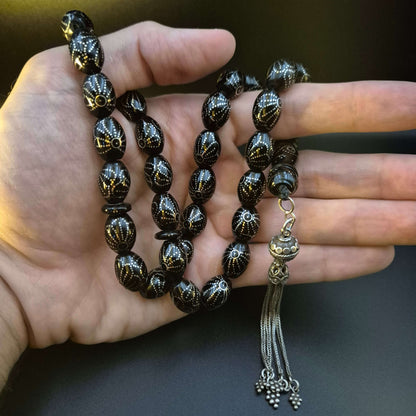 Sunray Yusur mesbah, the tassel knot and chain link in detail — rare yeser wood beads