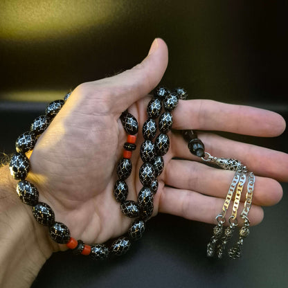 Honeycomb Yusur sebha, the silver chain and tassel drape — rare yeser wood beads