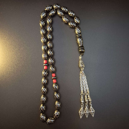 Honeycomb Yeser wood tasbeeh 33 beads with silver honeycomb inlay — yeser wood mesbah Dubai