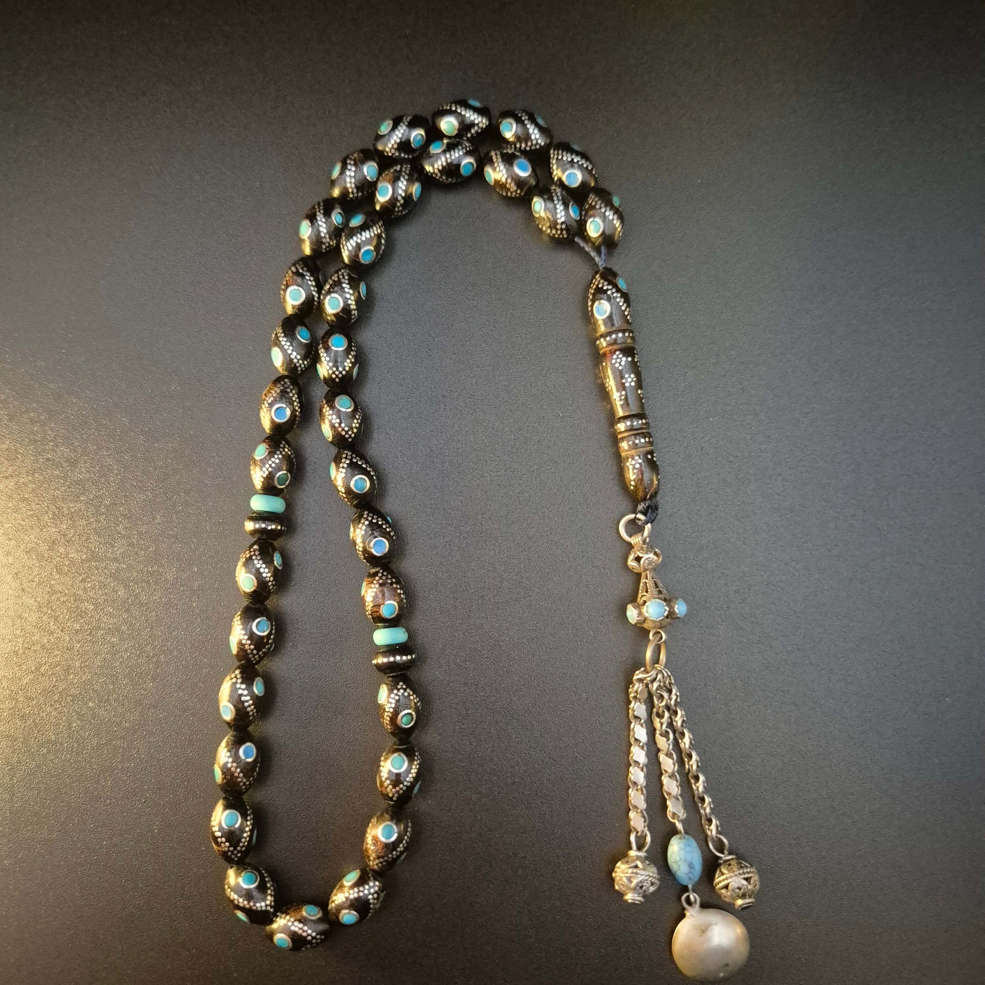 Fairouza Yeser wood mesbah 33 beads with Fairouz turquoise eyes in silver inlay — yeser wood mesbah Dubai