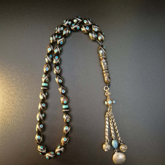 Fairouza Yeser wood mesbah 33 beads with Fairouz turquoise eyes in silver inlay — yeser wood mesbah Dubai
