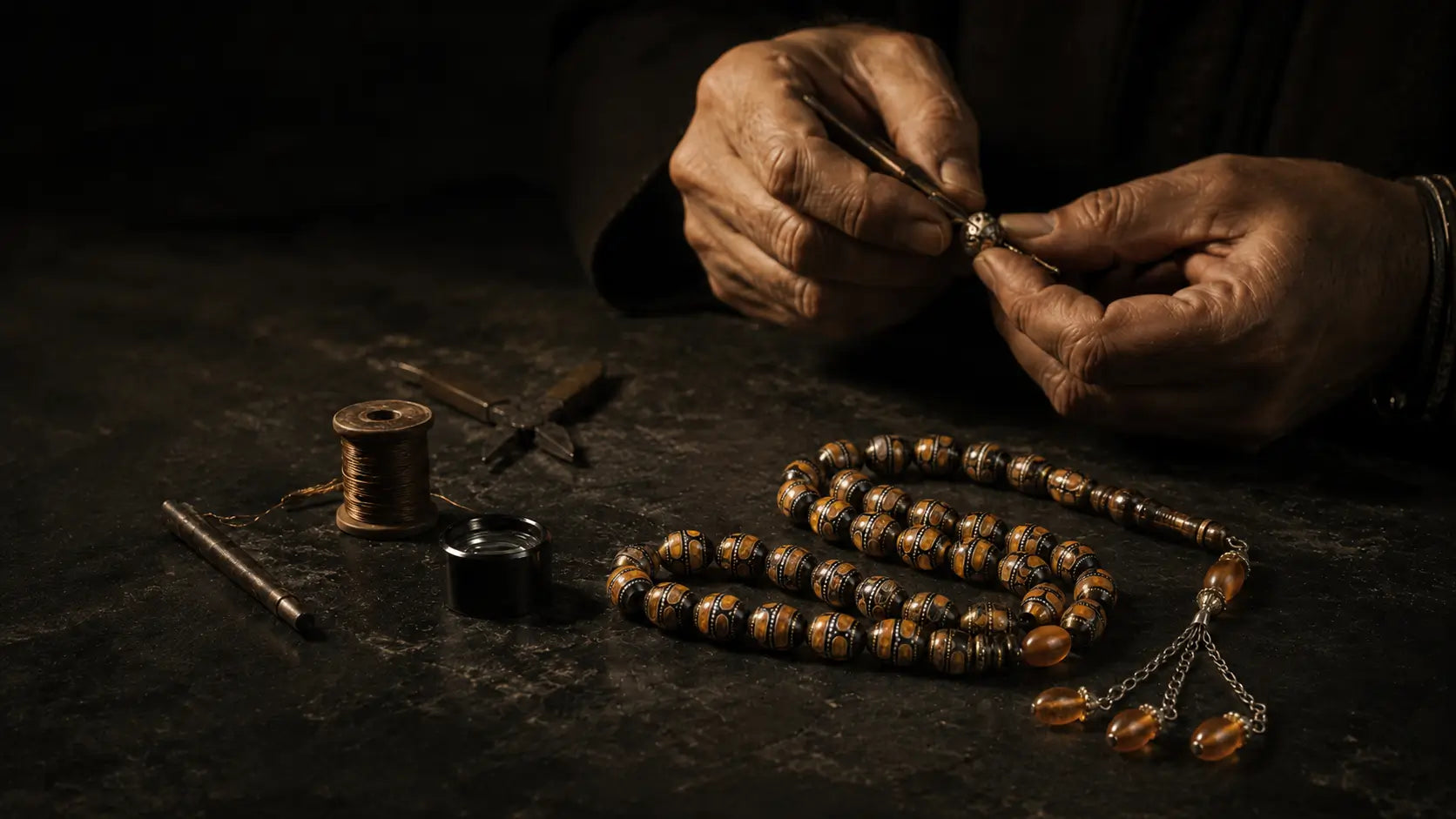 A close-up of a person's hands assembling a beaded yusur sebha, set on a dark textured surface with spools of thread and small tools nearby.