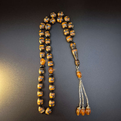 Kahraman Yeser wood misbaha 33 beads with natural amber accents in silver inlay — yeser wood mesbah Dubai