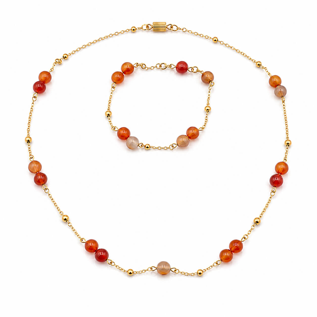 Orange Agate gemstone stations gold-plated silver chain necklace and bracelet set — AtiQ & Jade Dubai
