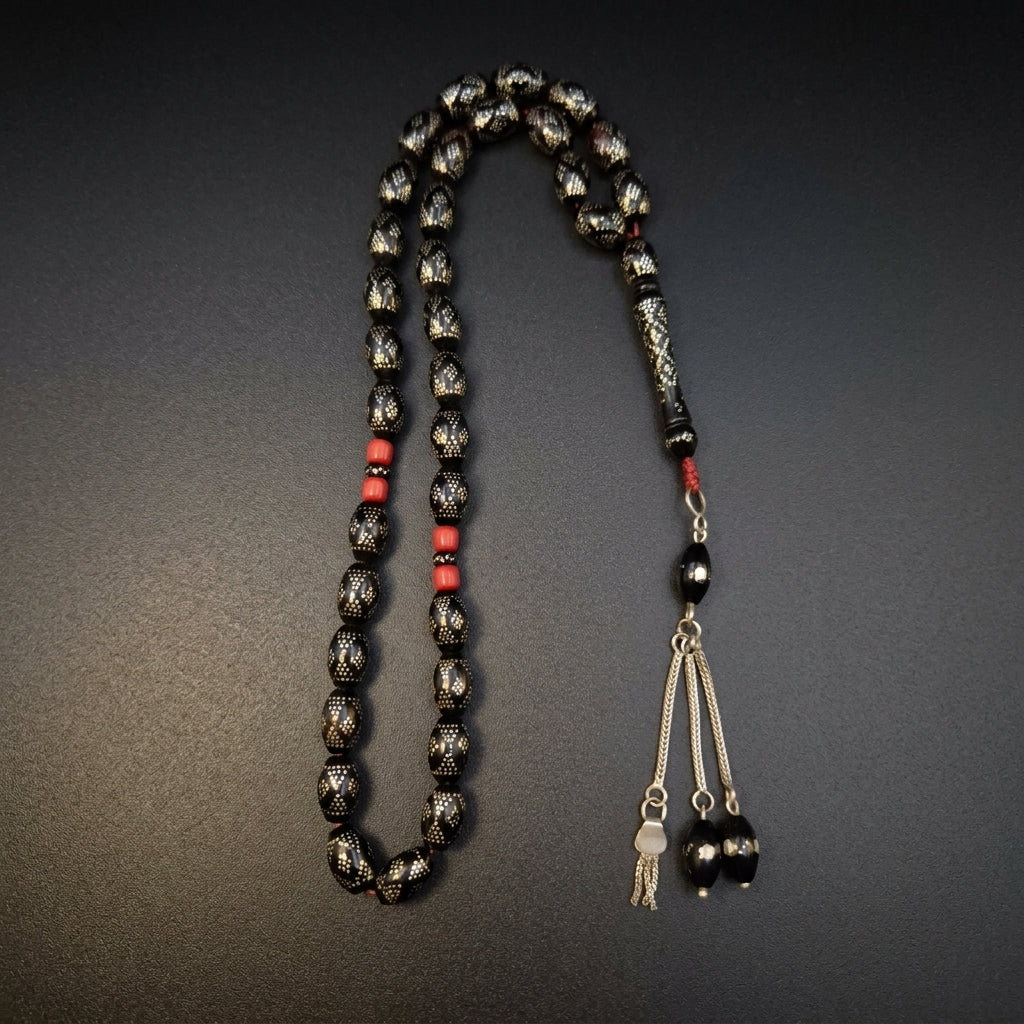 Beaded mesbah beads with silver and coral