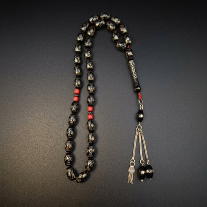 Beaded mesbah beads with silver and coral