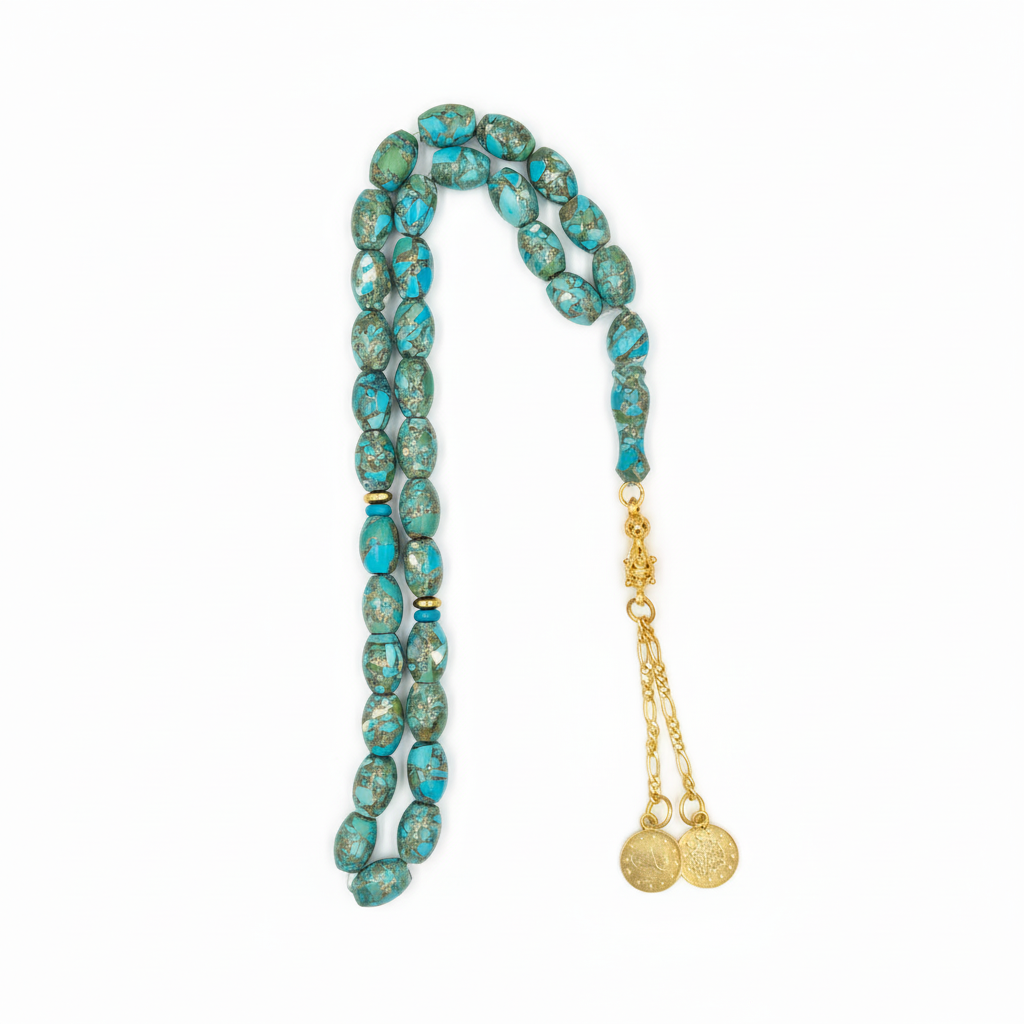 Captivating Azure Essence: A mesmerizing display of vibrant turquoise hues, reminiscent of deep ocean waters, evoking a sense of immediate calm and regal beauty crafted with golden copper and set of silver gold coated.

A celebrated talisman for those born in December, this Fairouz Mesbah resonates deeply with the Sagittarius spirit, offering a grounding energy that encourages truth and safeguards the traveler